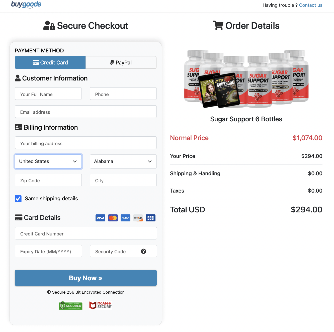 Sugar Support Secured Order Page